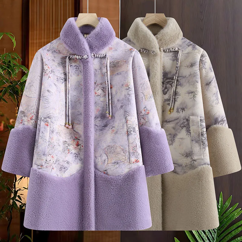 

Китайское пальто средней длины из искусственного меха под норку для женщин среднего возраста, зимнее, теплое, утолщенное, из шелкового полиэстера