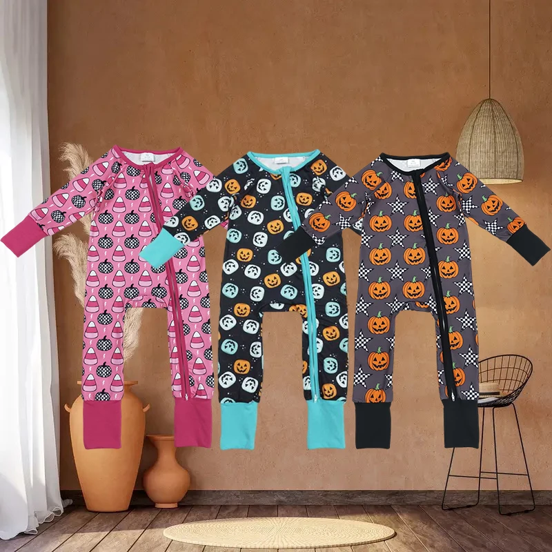 

C8.20 оптовая продажа, осенний бутик в западном стиле, детские комбинезоны для новорожденных мальчиков на Хэллоуин со звездами и тыквой на молнии