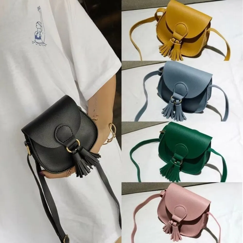 Korean Style Hook Design Mini Kids Bag Tassels PU Leather Princess Purse Solid Color Crossbody Bag Children Girls