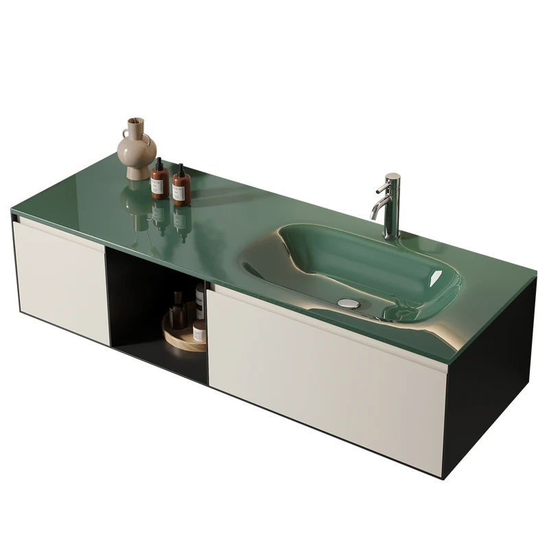 A minimalist glass wall mounted integrated basin with a green thin edge washbasin. The washbasin and washbasin are suspended