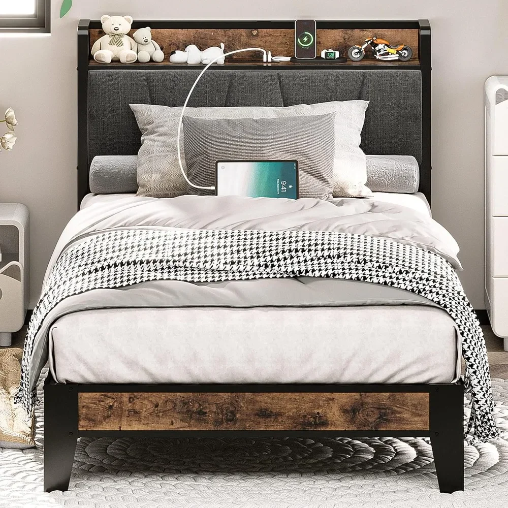 

Twin Bed Frame Storage headboard with charging station, sturdy and stable, noiseless, no need for a spring box, easy to assemble