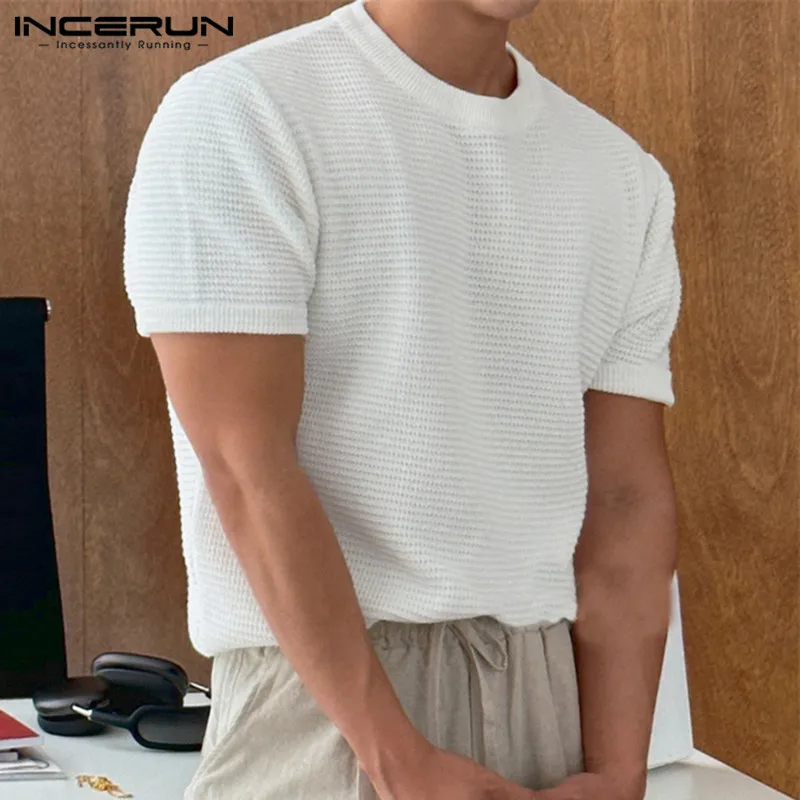 INCERUN Tops 2023 Korean Style Men Knitted Design T-shirts Casual Streetwear Male Solid Comfortable Short Sleeved Camiseta S-5XL