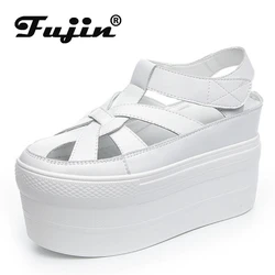 Fujin 11cm scarpe estive da donna sandali con plateau in vera pelle scarpe da ginnastica con zeppa scarpe da spiaggia femminili Super alte sandalo pantofola