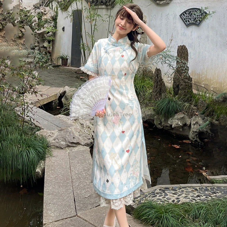 

2024 new daily improved printing qipao dress retro chinese style stand collar button split cheongsam fairy lace patchwork dress