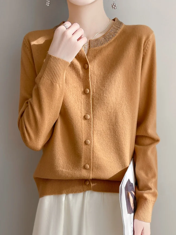 Early Autumn 2026 Women's Diamond Embedded Knitted Woolen Cardigan round V-Neck Ultra-Fine Simulation Cashmere Soft Long Sleeve