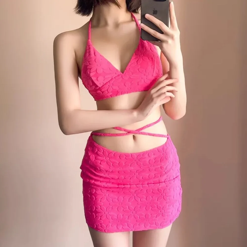 Summer Women Bikini Set Three Piece Solid Color Sexy Open Belly Strap Bikini Beach Vacation Hot Spring Swimsuit