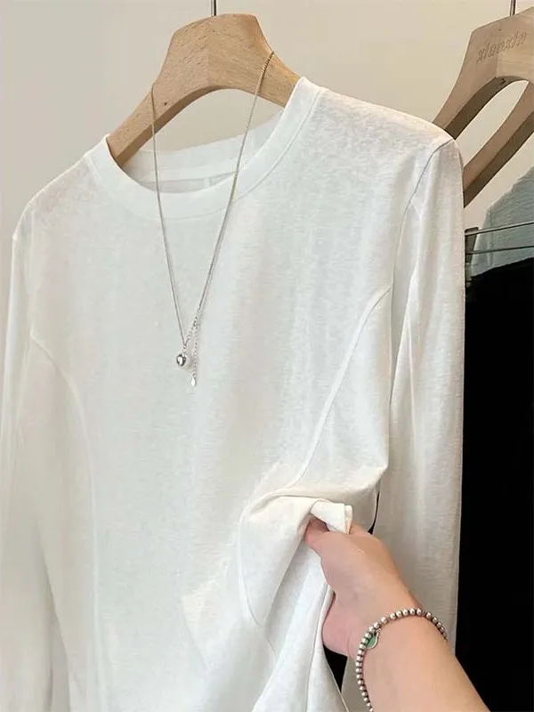 بلوزة نسائية طويلة بتصميم أنيق مع تطريز دانتيل، قميص أبيض نحيف بتصميم كوري، سترة دائرية الرقبة