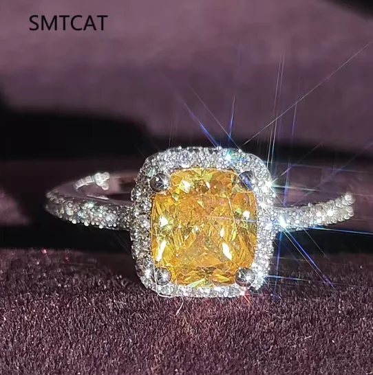 Princess Cut Genuine Natural Yellow Citrine 925 Sterling Silver Square Ring for Women Gemstone Solitaire Engagement Jewelry Anel