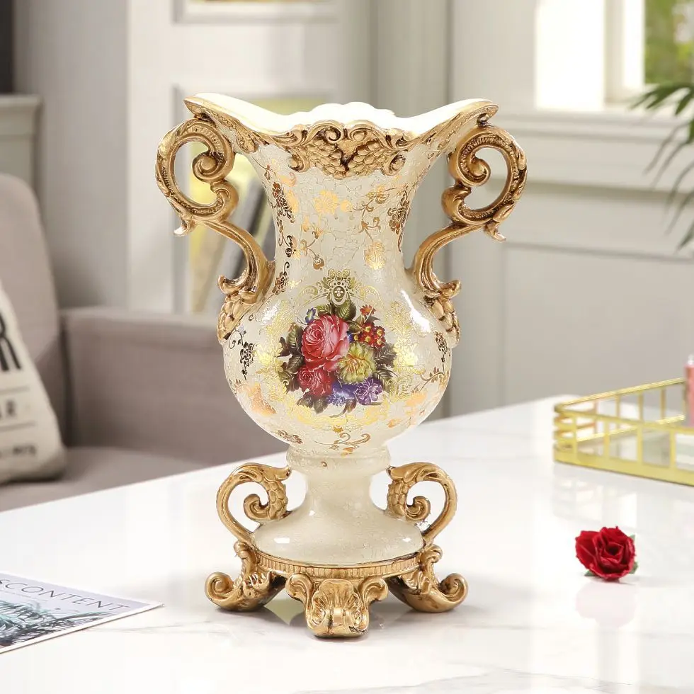 European Luxury Decorative Vase Retro Shape American Home Ornament for Living Room Entrance Dried Flowers