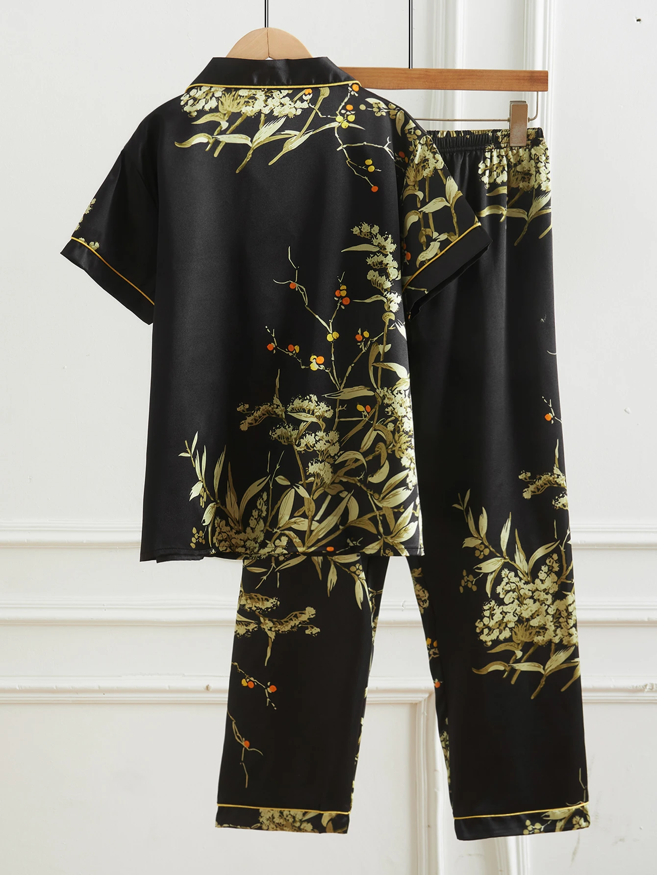 Women's Black Satin Silk Pajama Set Gold Floral Print Short Sleeve Long Pants 2 Piece Loungewear Button Down Sleepwear