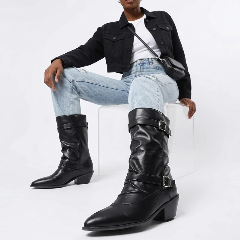 Plus Size Pointed Toe Mid Heel Women's Ankle Boots, Trendy Double Buckle Strap Design, New Affordable Fall Ankle Booties