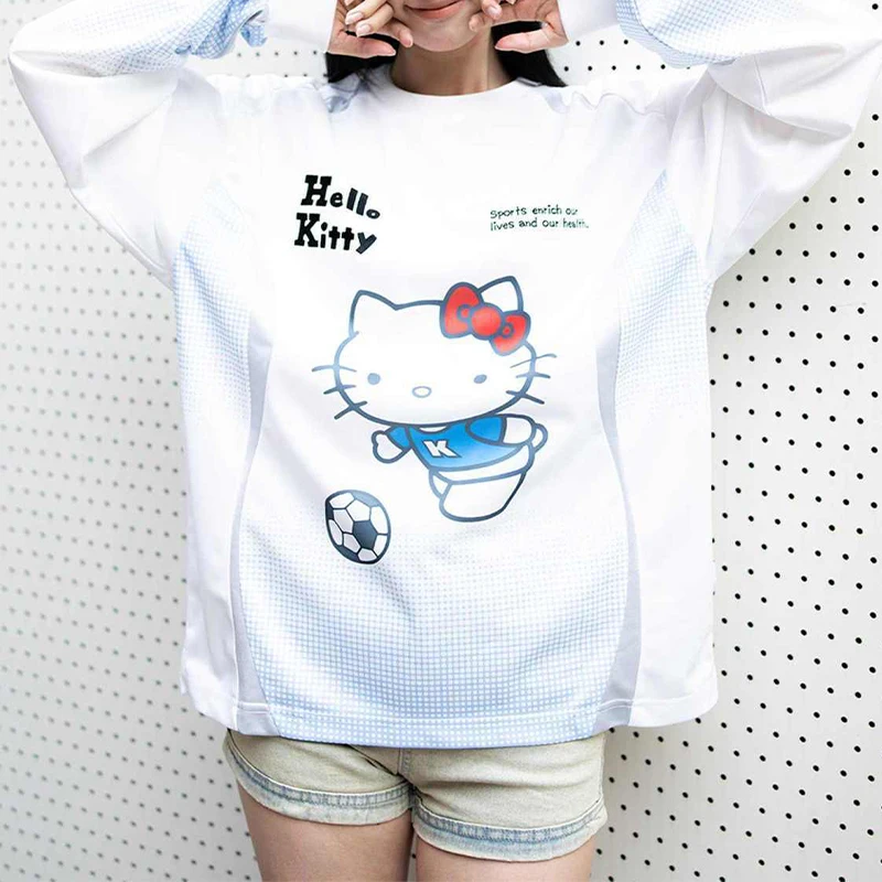 مرحبا كيتي تي شيرتات طويلة الأكمام العصرية سريعة الجافة فضفاضة طويلة الأكمام تي شيرت المرأة هوديس عادية مريحة الأساسية تيز