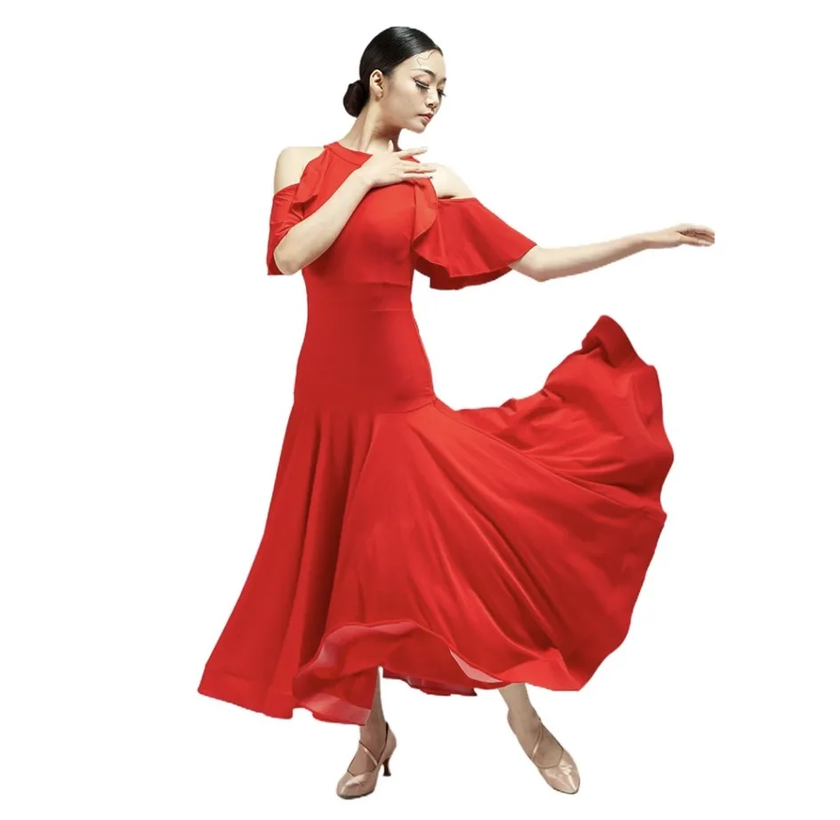 

New Summer Half Sleeve Ballroom Dance Dress Black Red Color Long Waltz Tango Stage Peformance Training Dancewear