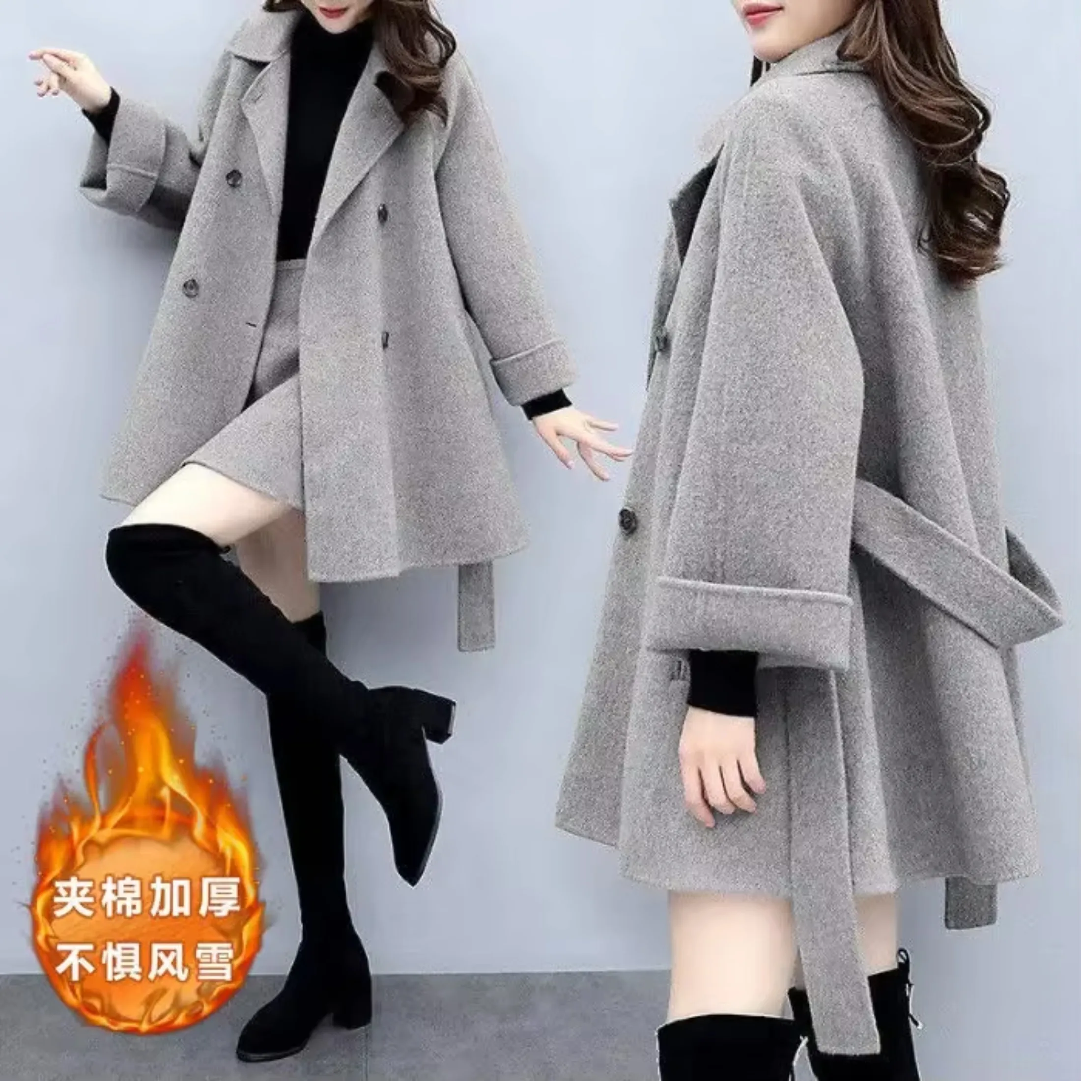 High Quality Women Winter Long Slim Wool Blend Coat and Short Skirt Suit Women Woolen Coat Jacket Casual Outerwear Elegant