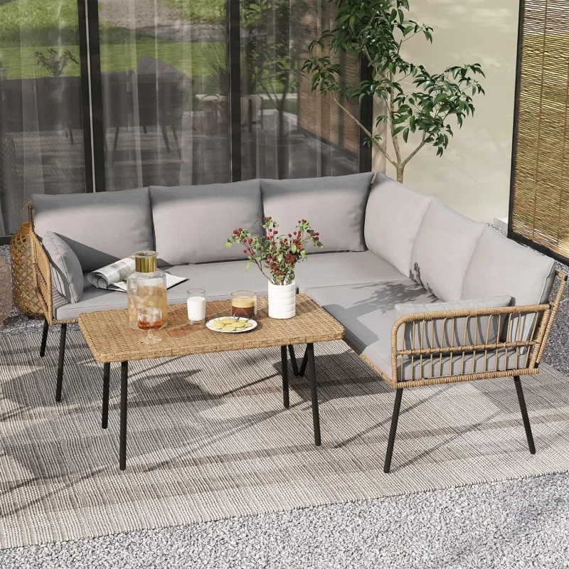 

4-Piece L-Shaped Wicker Sectional Sofa, 5-Seater Outdoor Patio Set with Removable Cushions & Side Table