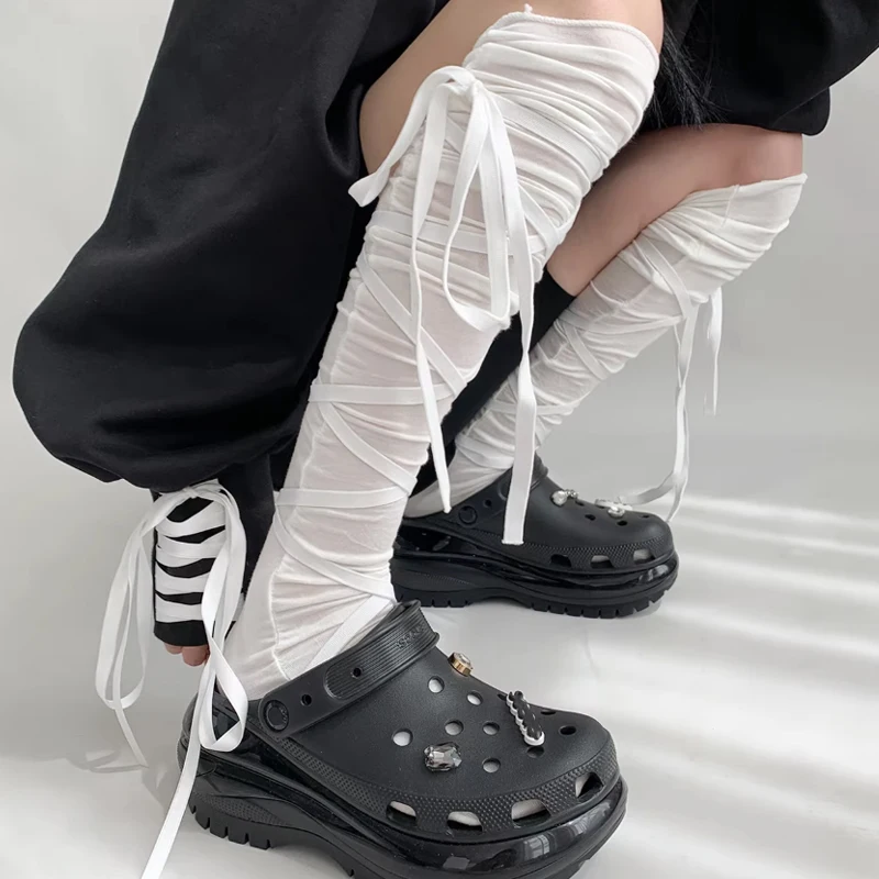 Calcetines de caña alta estilo ballet Y2K para mujer con tiras y diseño de lazo