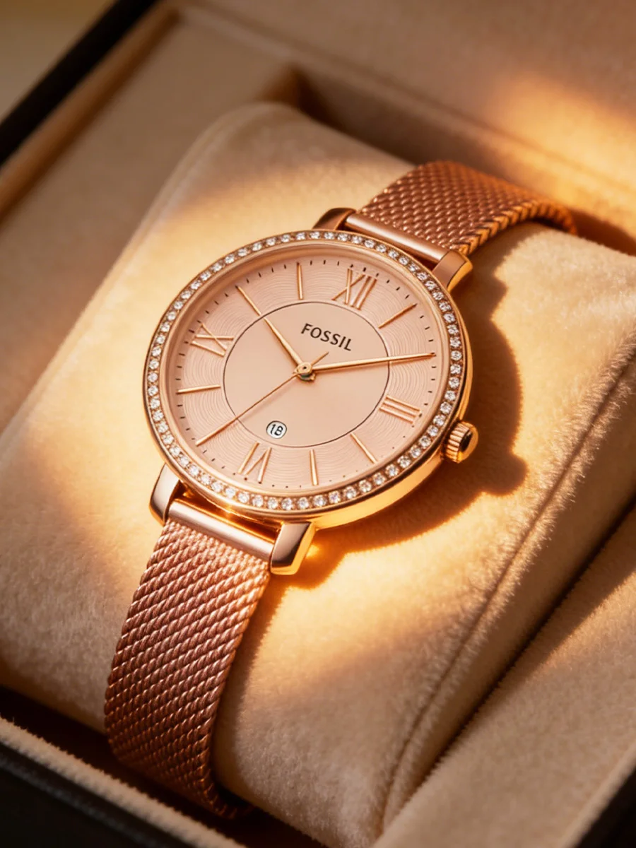 

Женские часы Fossil ES4628 с сетчатым ремешком из розового золота, тонкие, кварцевые, с кристаллами, элегантные, наручные, подарок для женщин