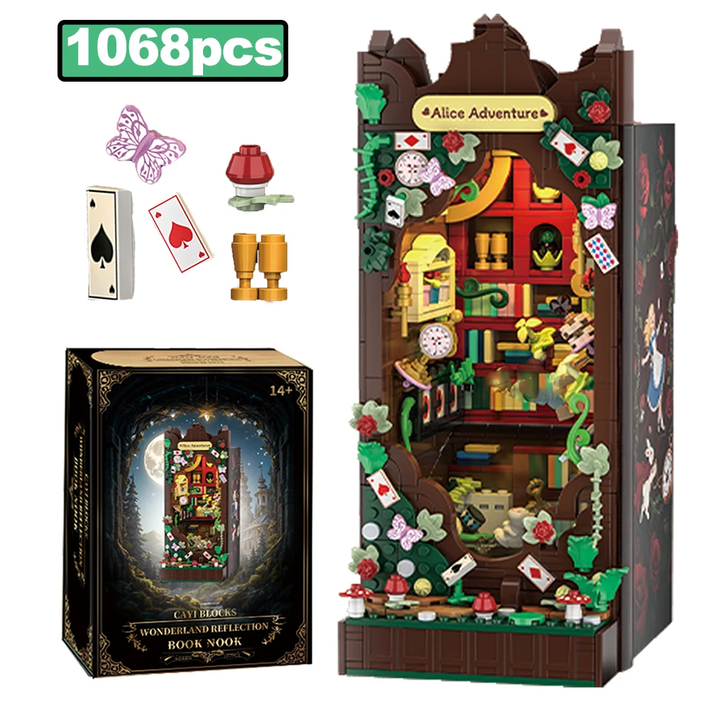 

1068PCS Fairyland Reflection Book Stand Model Building Blocks MOC Creative LED Book Storage Assembly Brick Toys Teenagers Gifts