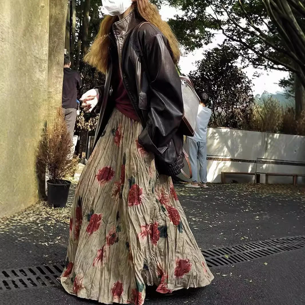 

New Flower Print High Waist Women's Skirts 2026 Spring Summer Elegant A-line Pleated Skirt
