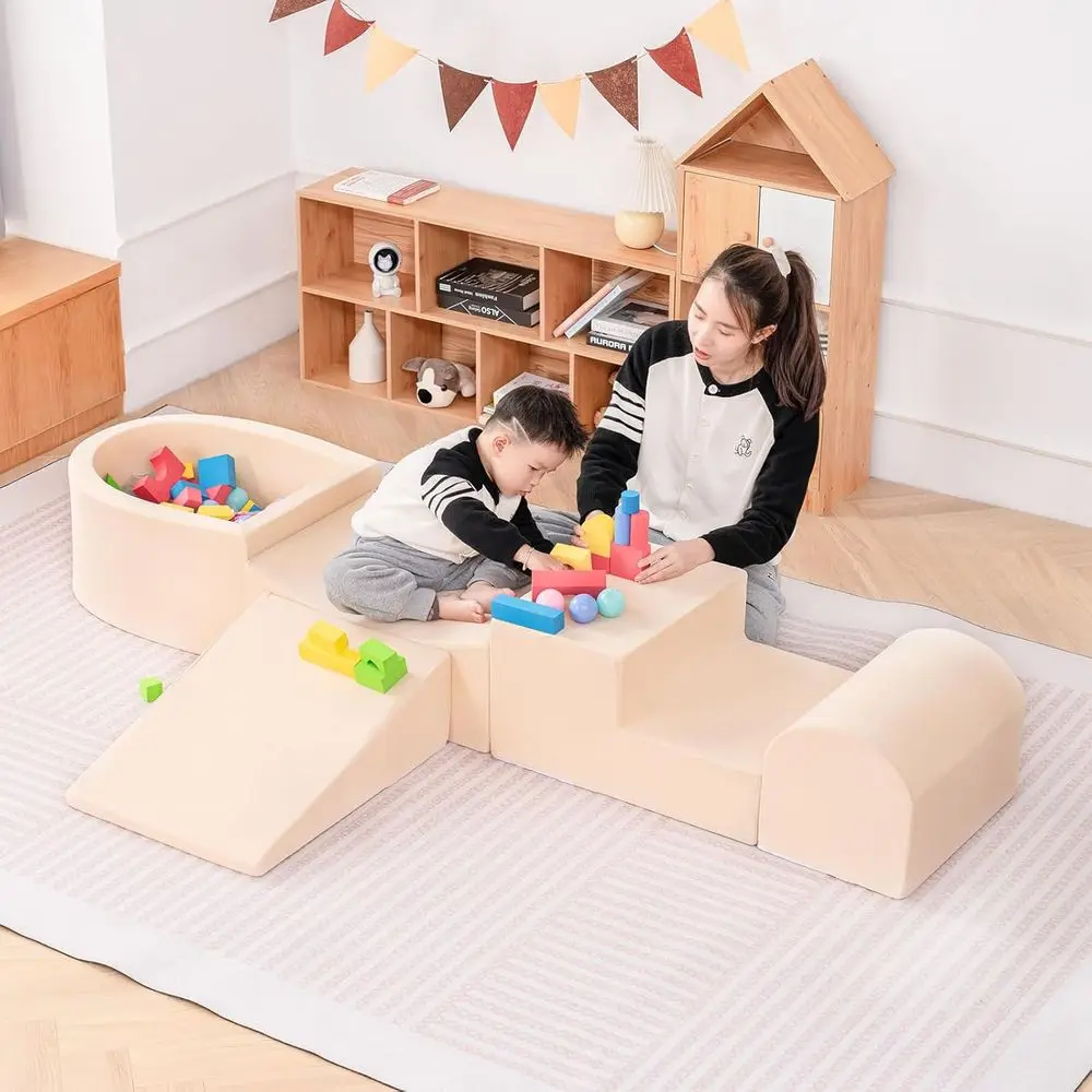 5-Piece Beige Foam Climbing Blocks with Ball Pit for Baby's Indoor Playtime Adventure
