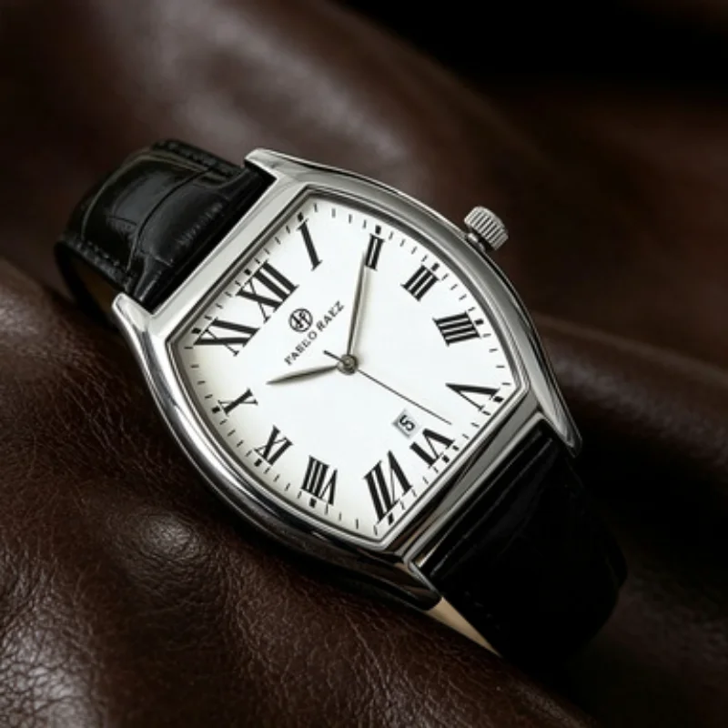 Men's luxury waterproof belt wine barrel shaped watch simple and casual temperament men's watch quartz watch gift