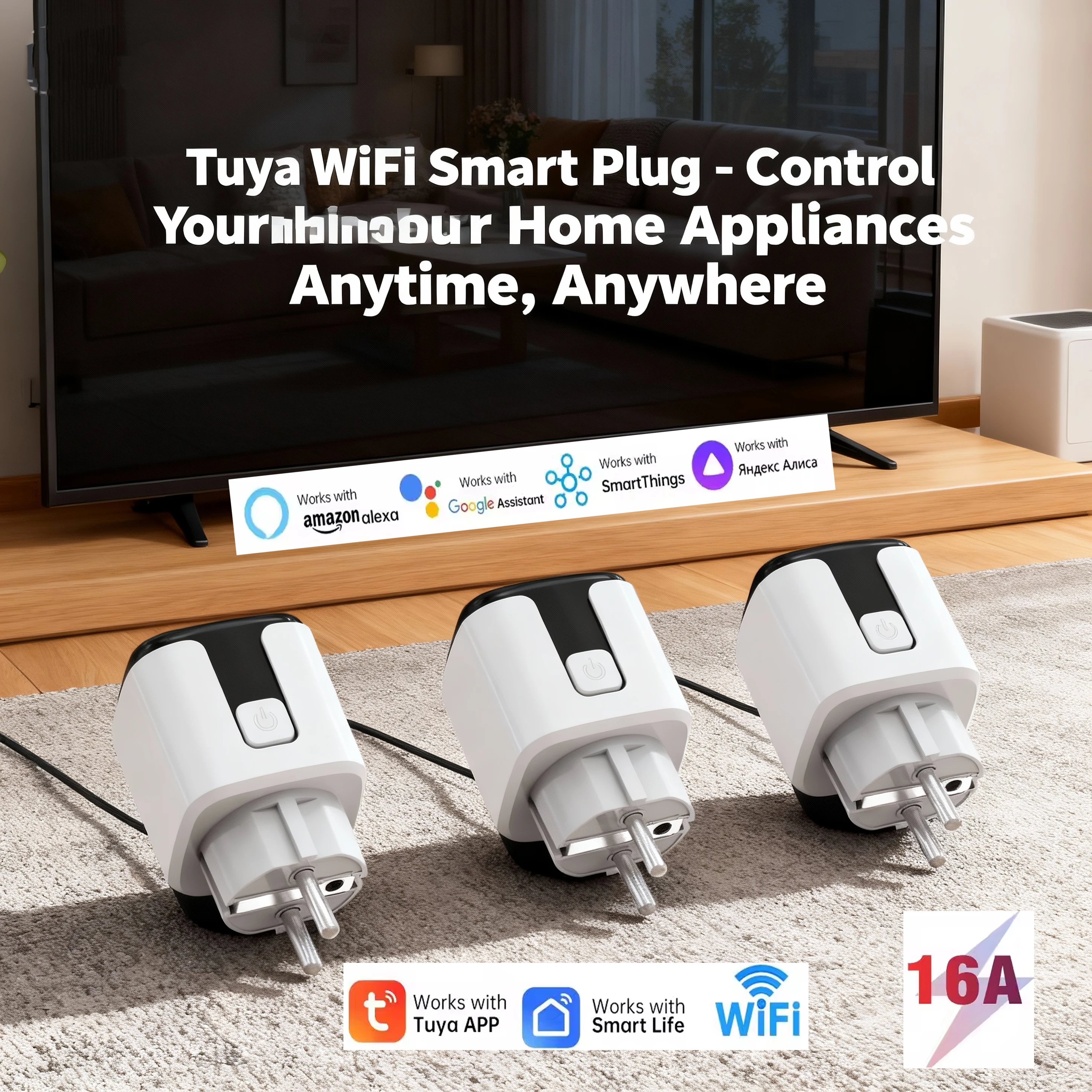 Tuya wifi Smart socket, European standard plug, 16A, power meter, Alexa voice, remote control via mobile phone