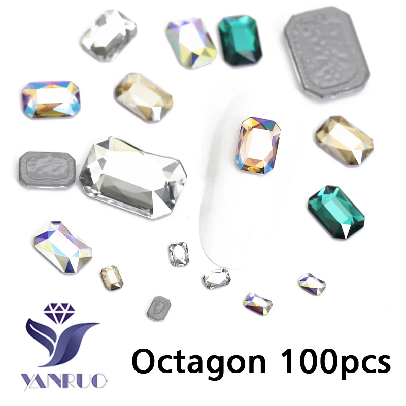 

YanRuo 100pcs 6x8mm Octagon Multicolor Crystal Glass Strass Glitter Flatback 3D Accessories Rhinestones For Nail Art Decorations