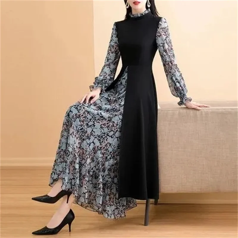 2023 Autumn Vacation Two-piece Dress Floral Spring and Autumn Fashion Temperament Waist Slimming A Word High-Grade Dress Noble