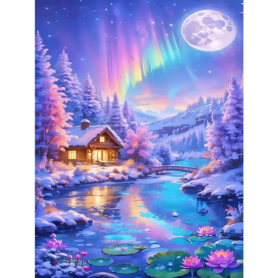 DIY Aurora Snow Cabin Diamond Painting Full Moon Pine Forest Lotus Stream Winter Wall Decor Handmade Art Exquisite Gift