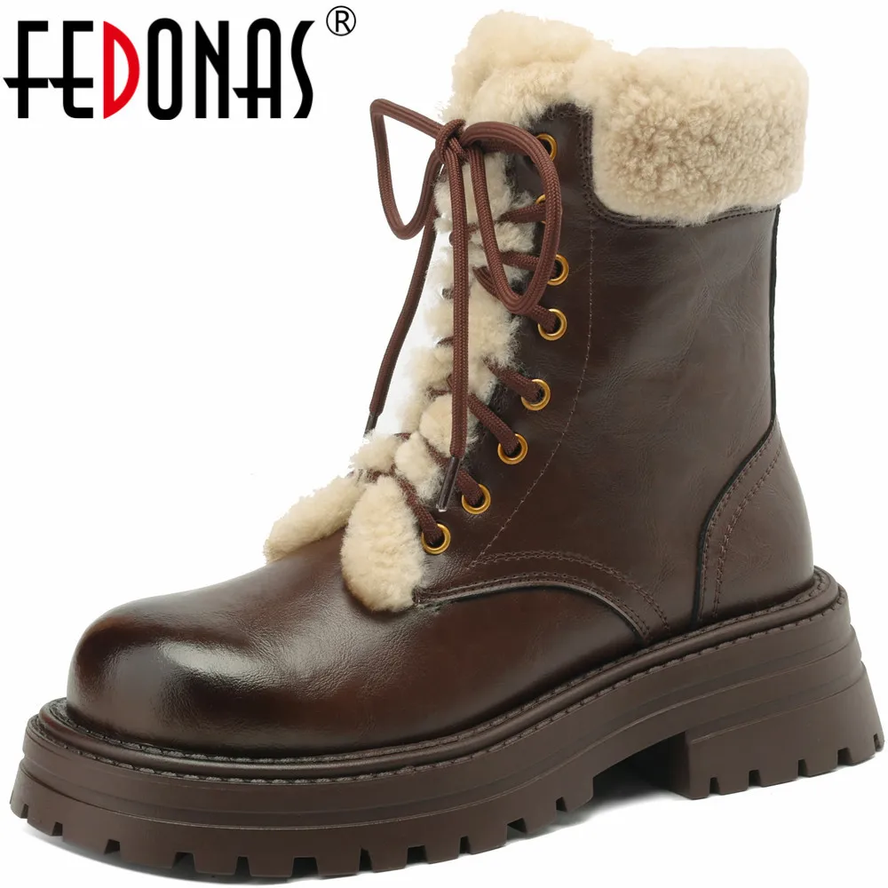 

FEDONAS Winter Wool Warm Women Ankle Boots Round Toe Genuine Leather Lace-Up Platforms Casual Working Shoes Woman Snow Boots New