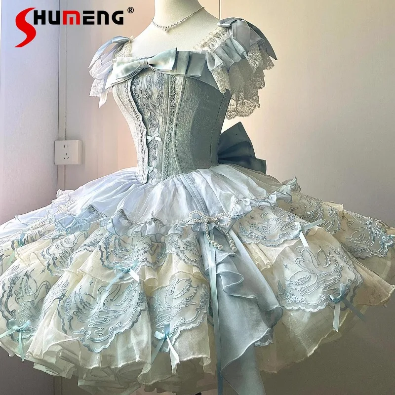 

Beautiful Cute Elegant Blue Green Color Ballet Style Embroidered Vestidos Japanese Lolita Dress Bowknot Puffy Princess Dresses