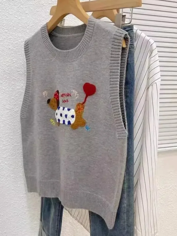 Cartoon Embroidered Dog Knitted Vest Women's Autumn Winter Loose round Ne Svel Sweater Vest Faionable oulder Trend