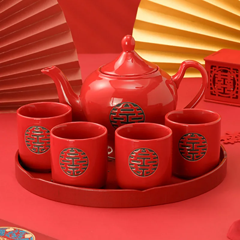 

Китайский свадебный чайник, красный чайник, чашка, керамическая чайная посуда, изысканный сувенир для невесты, подарок, празднование свадьбы