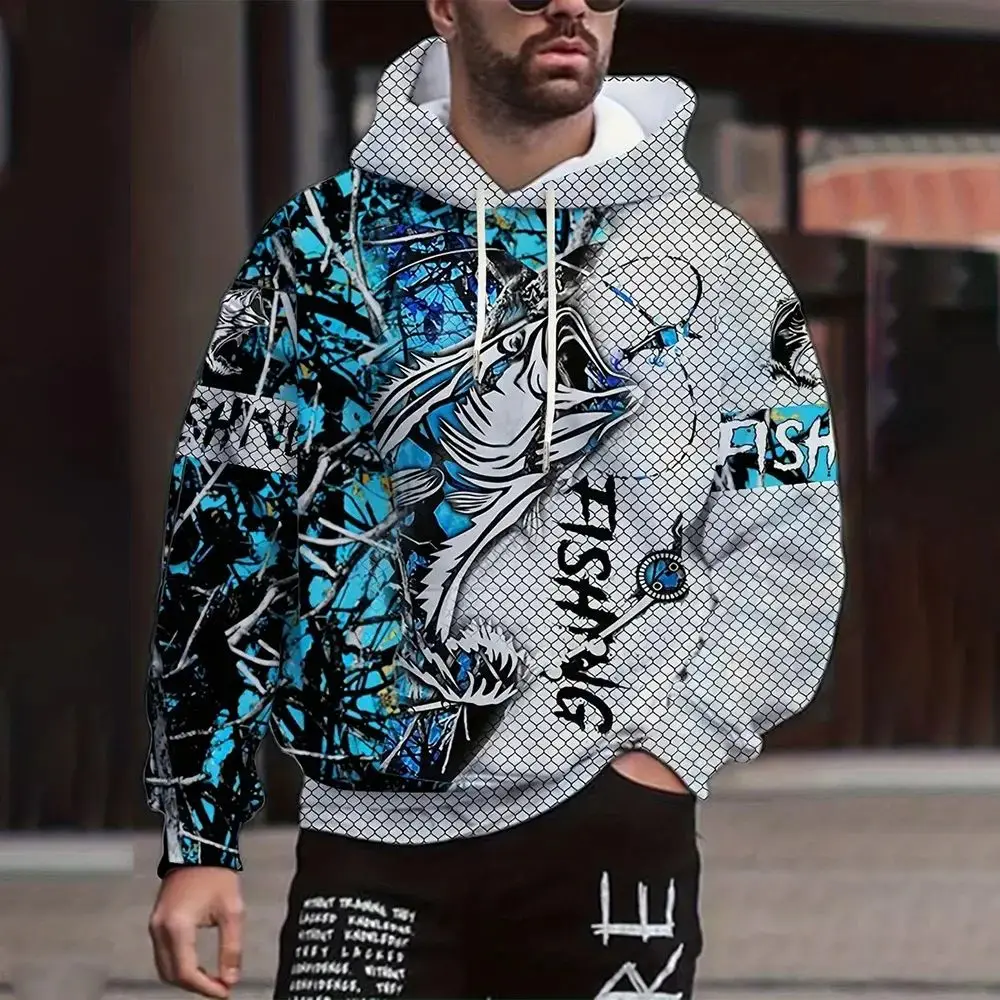 Men's casual fishing pattern 3D printed floral hoodie 24 autumn/winter hoodie coat long sleeve 3d printed hoodie for men