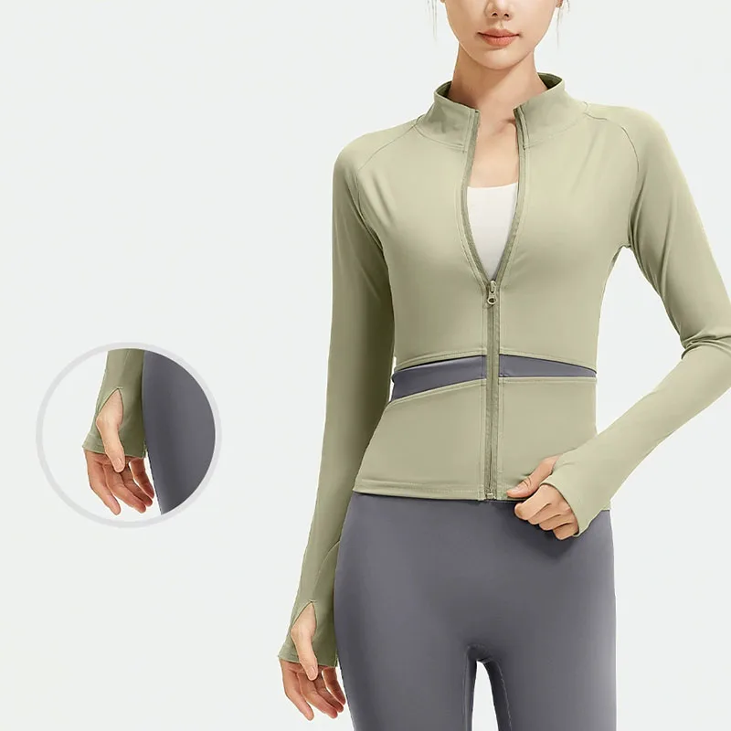 

Korean Patchwork Yoga Jackets Ladies Stand-up Collar Slim Fit Naked Feeling Fitness Coats High Elastic Breathable Sports Clothes