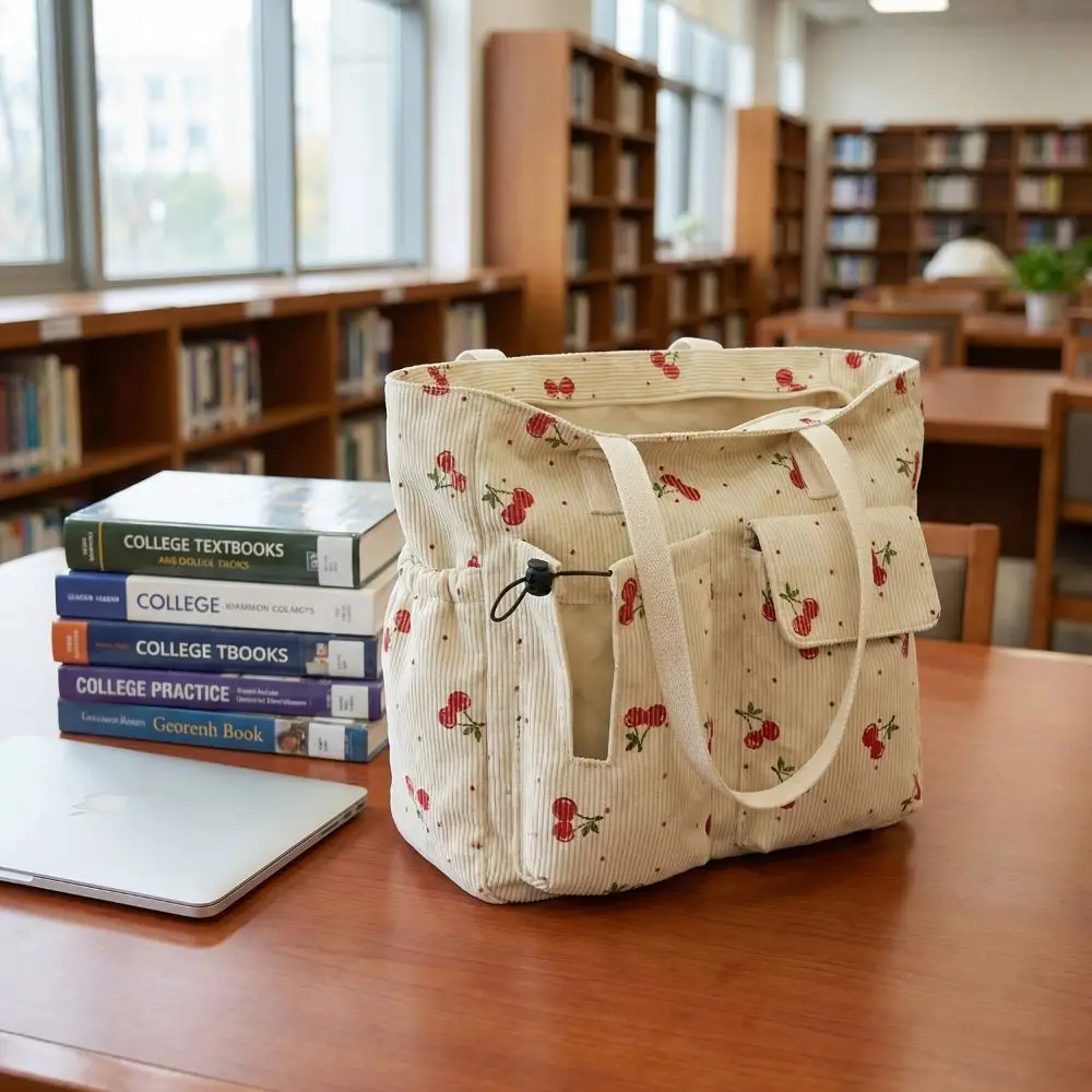 

Large Capacity Corduroy Tote Bag Cherry/Leopard Pattern Adjustable Shoulder Cute Printed Handbag Multi-Pocket Simple