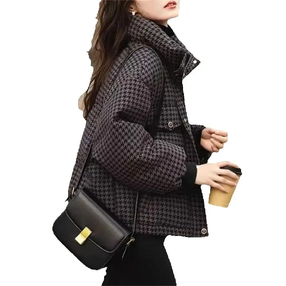 

Houndstooth Hooded Puffer Jacket Women Winter Windproof ThickenedDown Jacket Vintage Warm Parka Down Coat Jackets