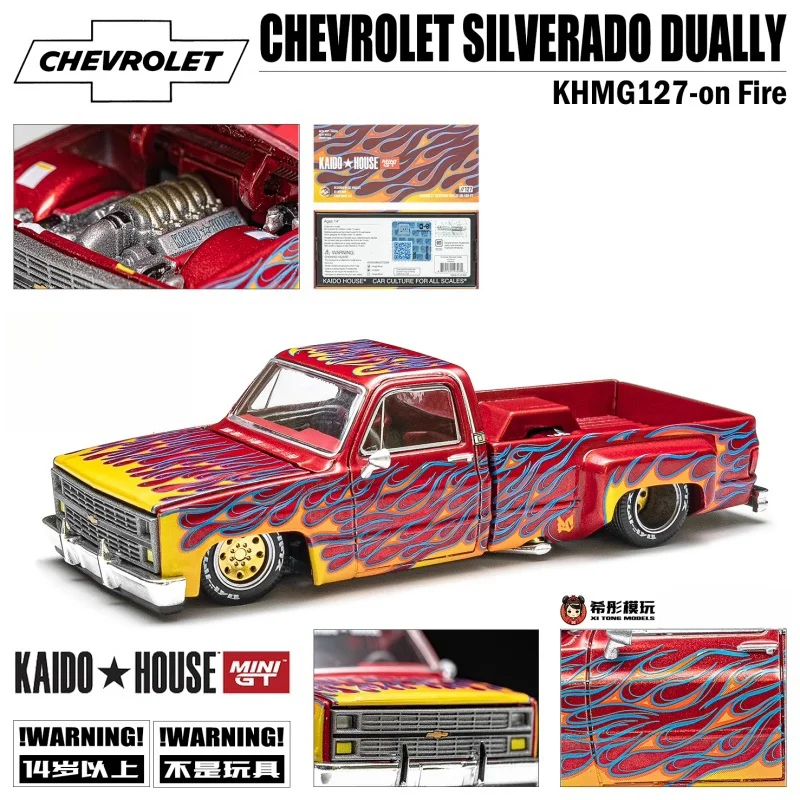 MINIGT 1:64 Chevrolet Sorod Modelo de captação com padrão de chama, modelo de jogo de lança de carro estático em miniatura de liga, presente de exibição de coleção para adultos.