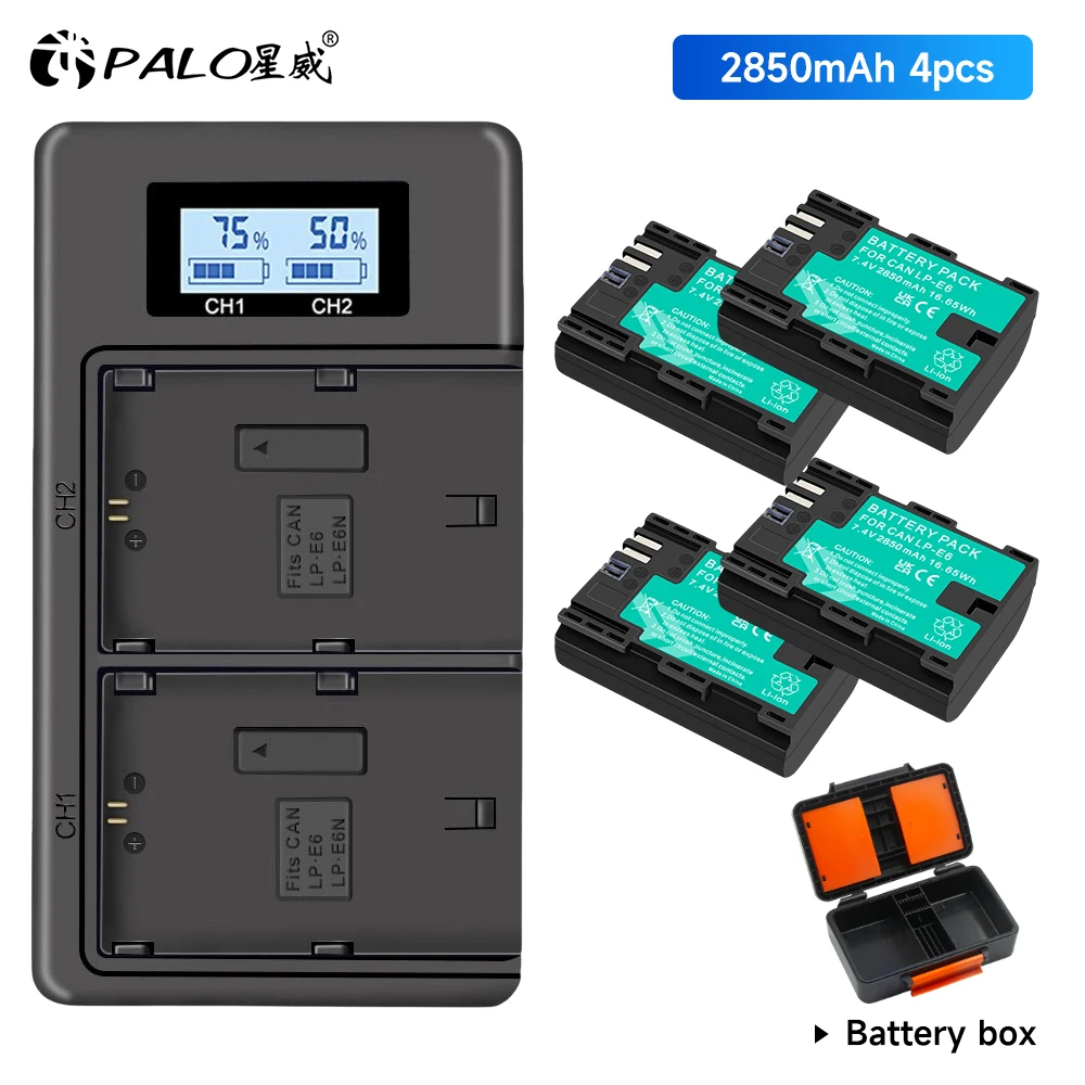 

PALO LPE6 LP-E6 Battery+LCD Dual Charger+Battery Storage Box for Canon EOS 5DS R 5D Mark II 5D Mark III 6D 7D 70D 60D 80D 90D