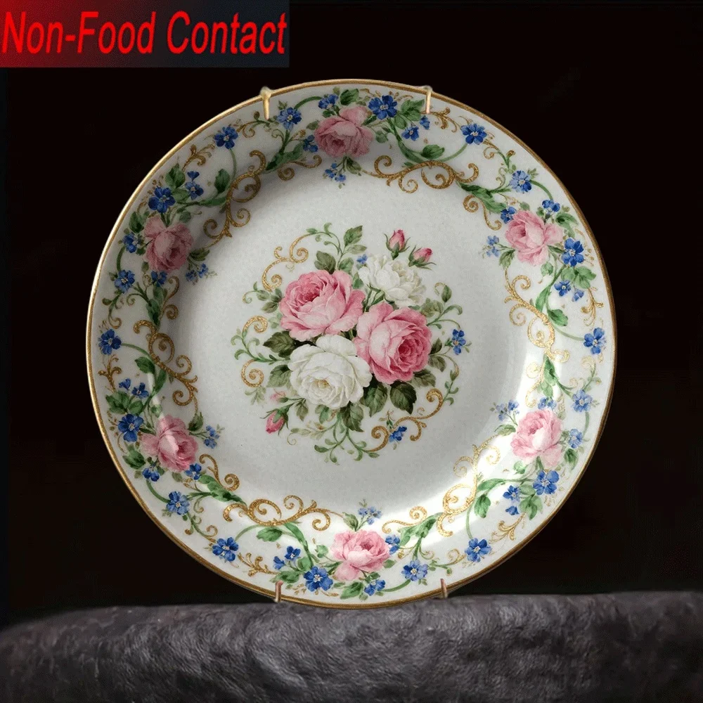 1pc Elegant Pink Golden Floral Ceramic Decorative Plate - 2D Flat, 2D Flat 1pc Round Plate Christmas Decorative Plate, Round