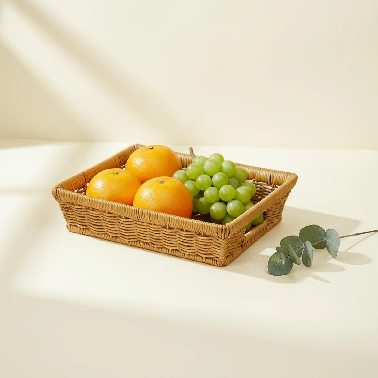 Shallow Woven Basket Tea-Colored Rectangular Storage Basket Home Organization Uncovered Top Sturdy Frame