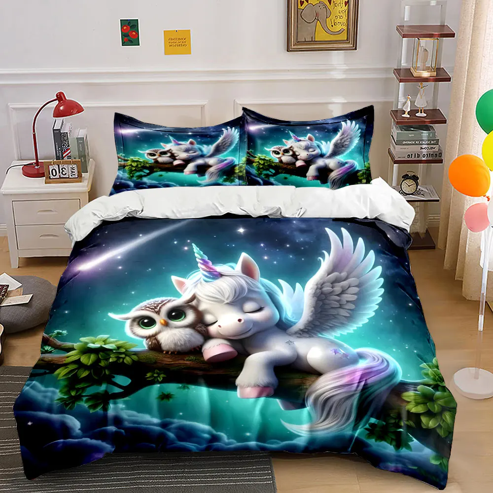 3pcs Dreamy unicorn and owl cuddling Duvet Cover Set with 3D Printing Design Soft Polyester Bedding Set All-Season Comfort