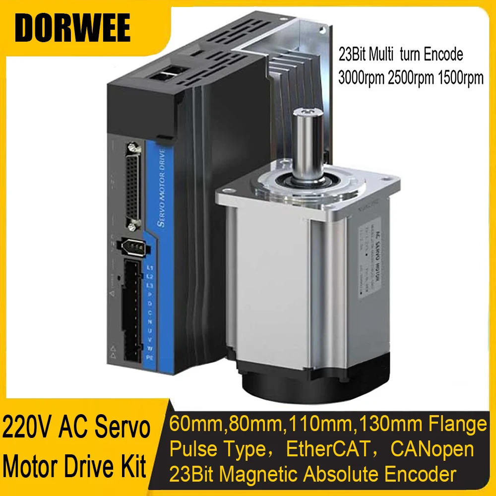 220V AC Servo Motor Kit 60 80 110 130mm flange 400W 750W 1KW 1.5KW 23Bit Absolute Magnetic Encoder RS485 Pulse EtherCAT CANopen