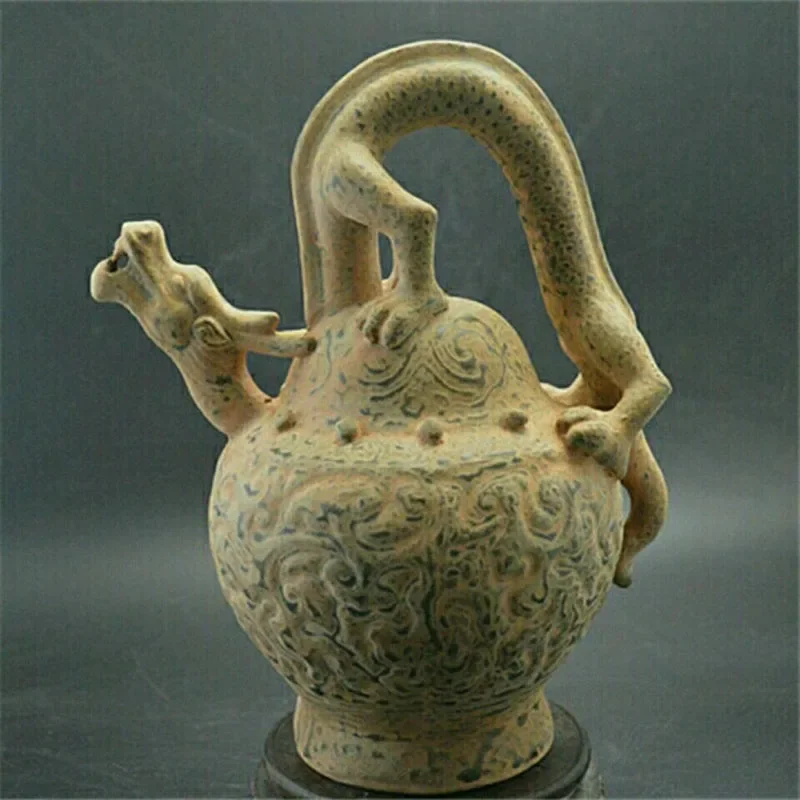 Song Yue Kiln Celadon Dragon Head Carving Flower Backflow Pot Ceramic Ornament Imitation Unearthed Antique Old Collection Crafts