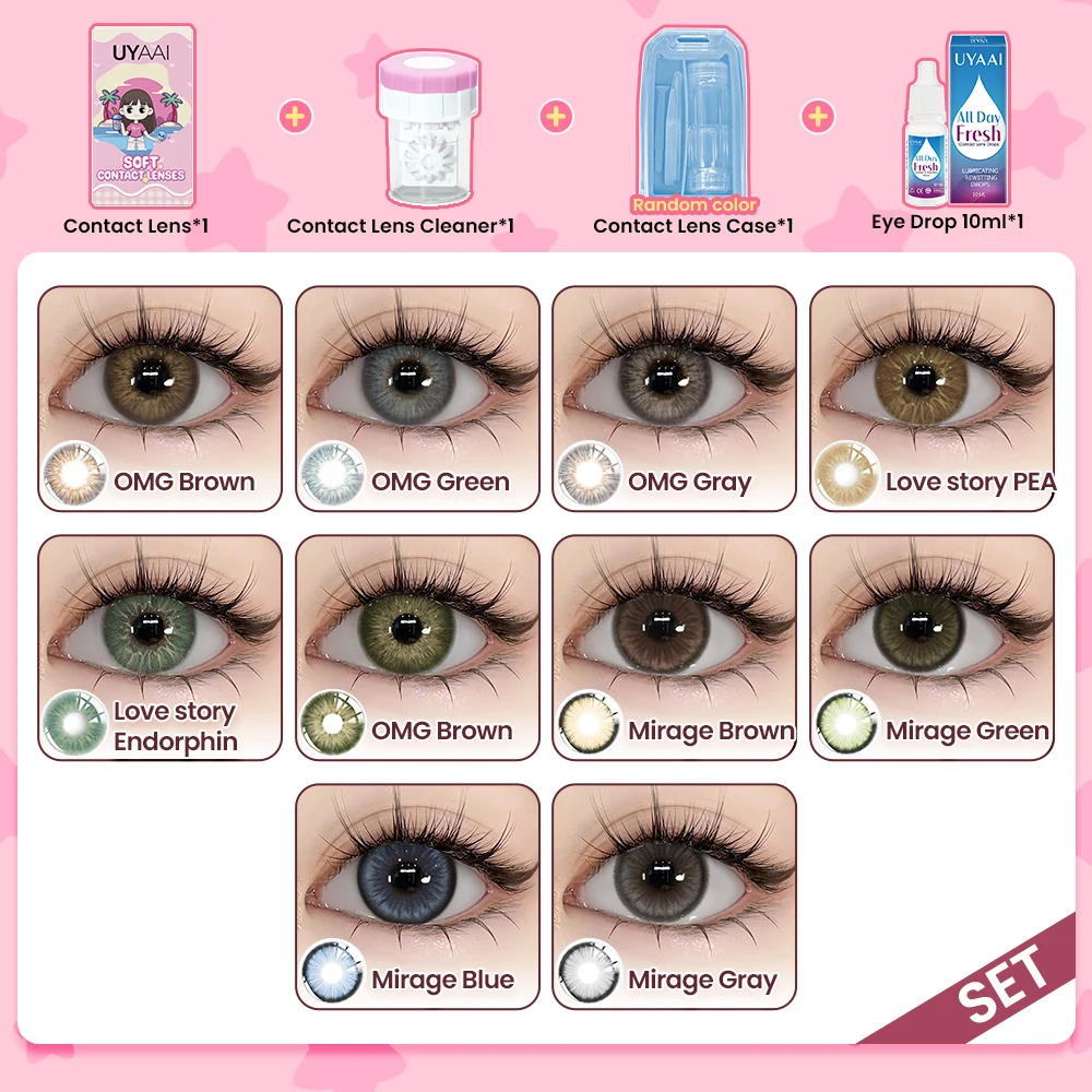 UYAAI Color Contact Lenses Set 10ml Eye Drops Lenses 1 Pair Contact Lens Cleaner Container Blue Eye Color Lenses Gray Lenses