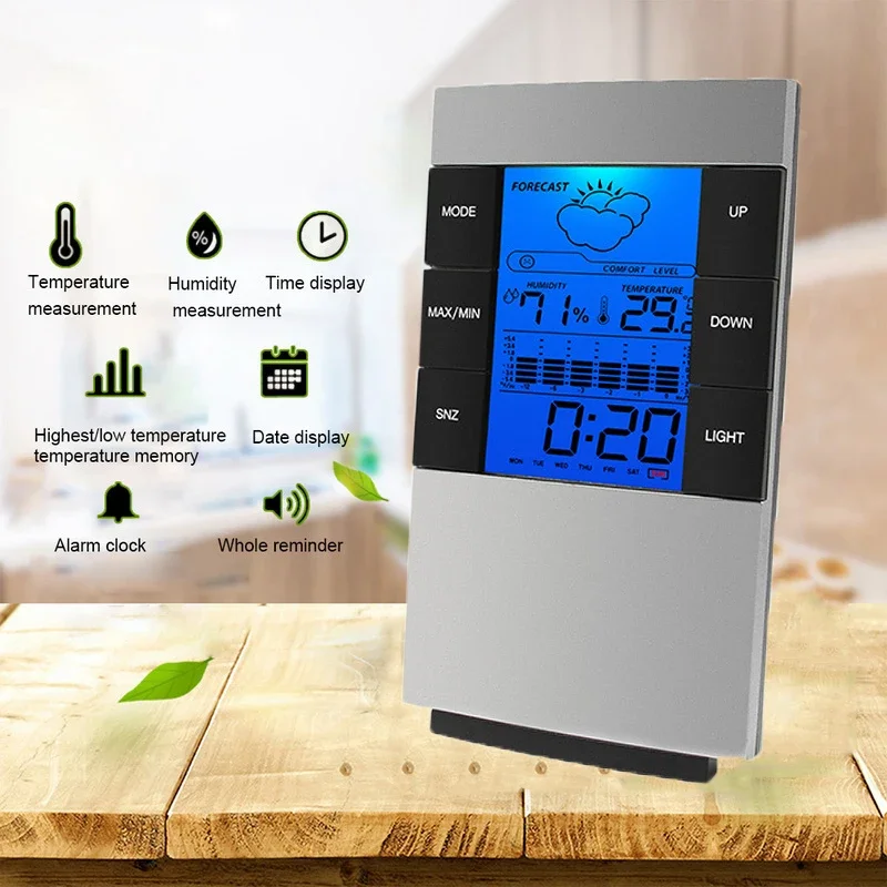 

Weather Forecast Alarm Clock LED Digital Table Clock Thermometer Hygrometer Time Date Temperature Humidity Electronic Wall Clock