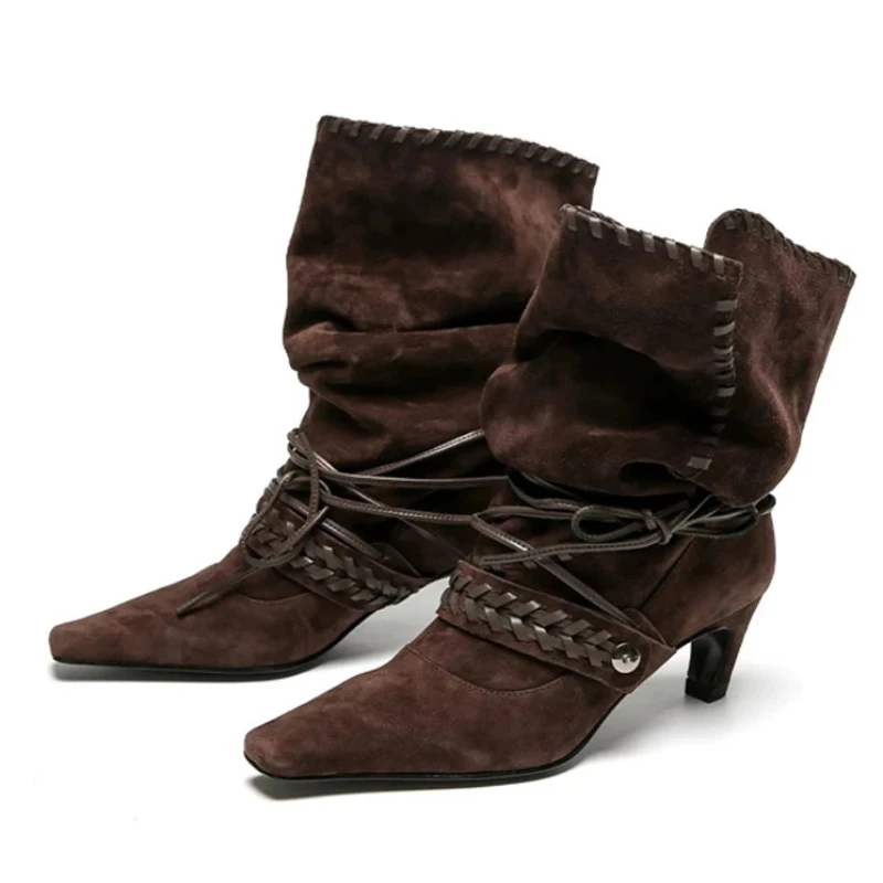 

Faux Suede Weave Lace-up Ankle Boots Women Autumn Winter High Heels Motorcycle Boots Fashion Pleated Square Toe Chelsea Booties