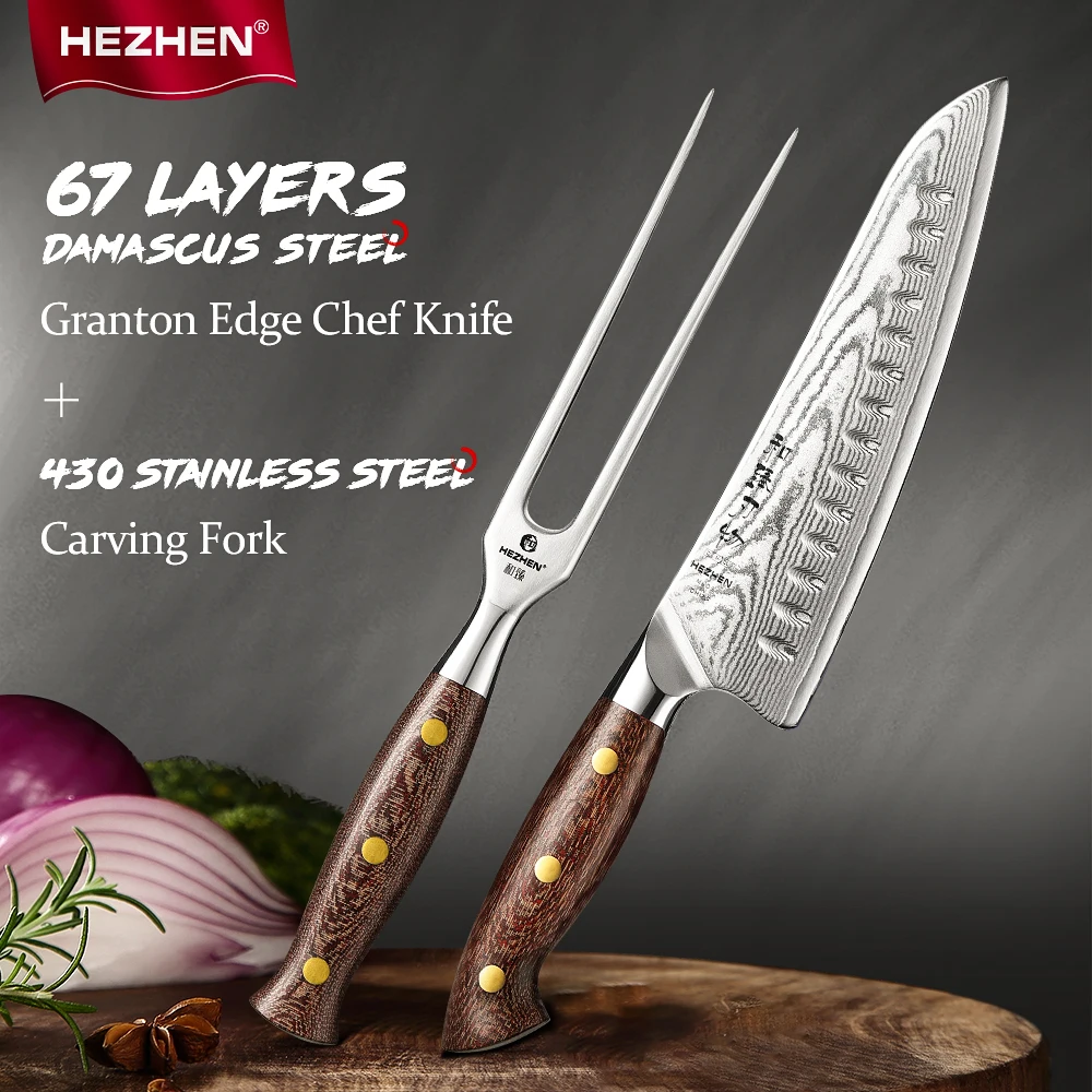 HEZHEN 1-2PC Knife Set Damascus Steel Chef‘s Knife Micarta Handle  430 Steel Meat Fork Cook Knife Kitchen Tools Knife