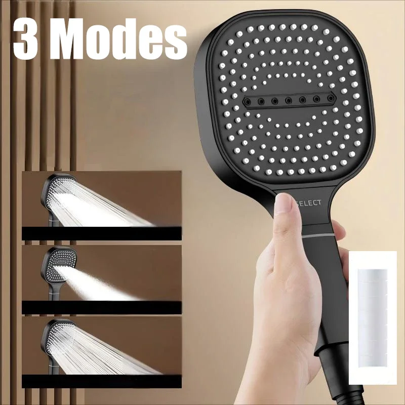

13CM Big Panel High Pressure Shower Head with Filter 3 Modes Large Flow Spray Rainfall Nozzle Square Bathroom ShowerHead