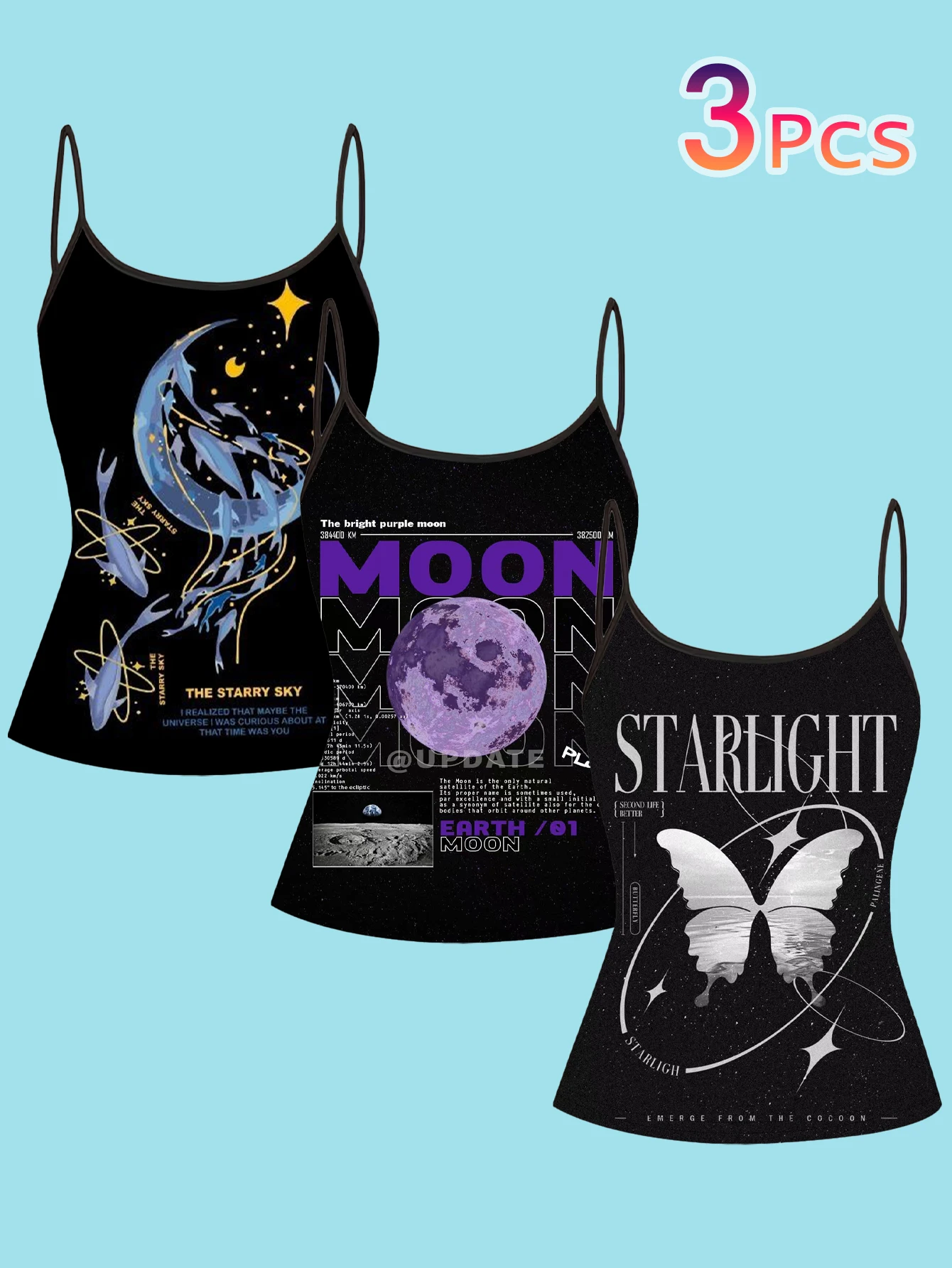 3-Piece Set of Trendy Cosmic Starry Sky Print Camisole Tops for Women, Summer Slim-Fit Spaghetti Strap Personalized Inner Wear